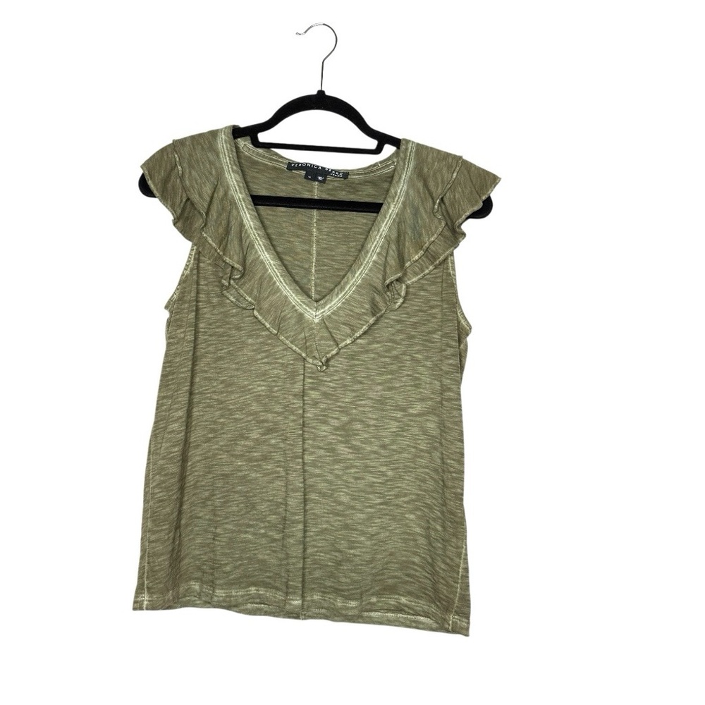 Veronica Beard Ellerie Ruffled Sleeveless Olive V-Neck Soft Pima Cotton Top Sz M - Picture 2 of 11